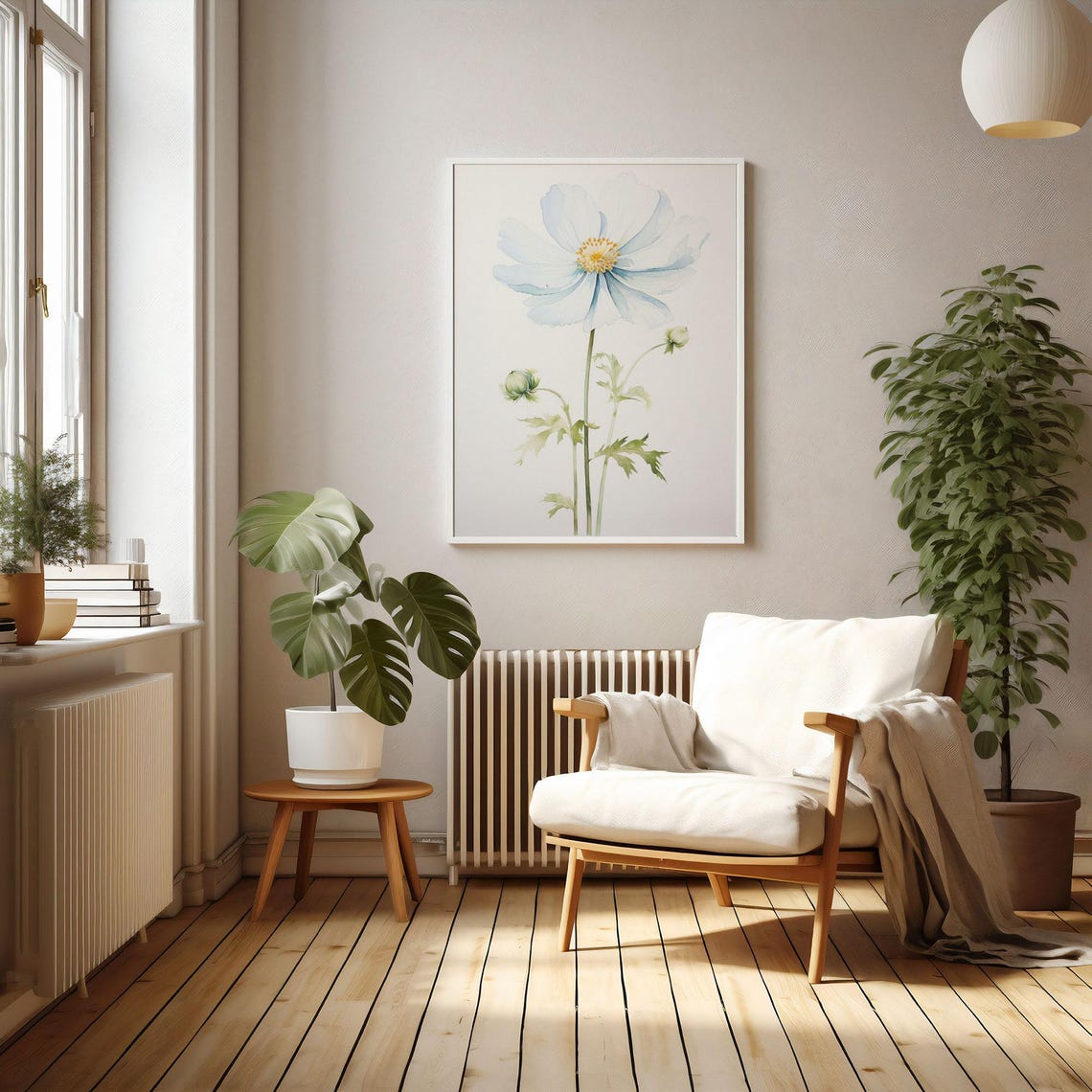 Delicate Pale Blue Cosmos Flower Watercolor Botanical Art Poster