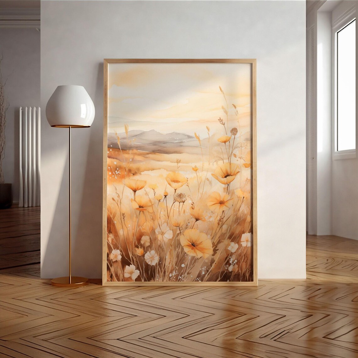 Golden Poppy Field with Mountain View Watercolor Landscape Poster