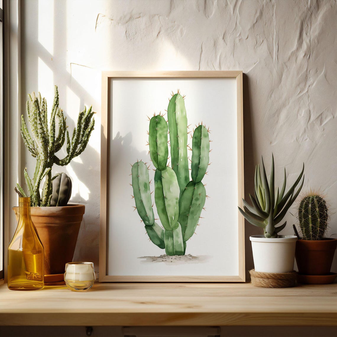 Simple Green Columnar Cactus Watercolor Botanical Study Poster