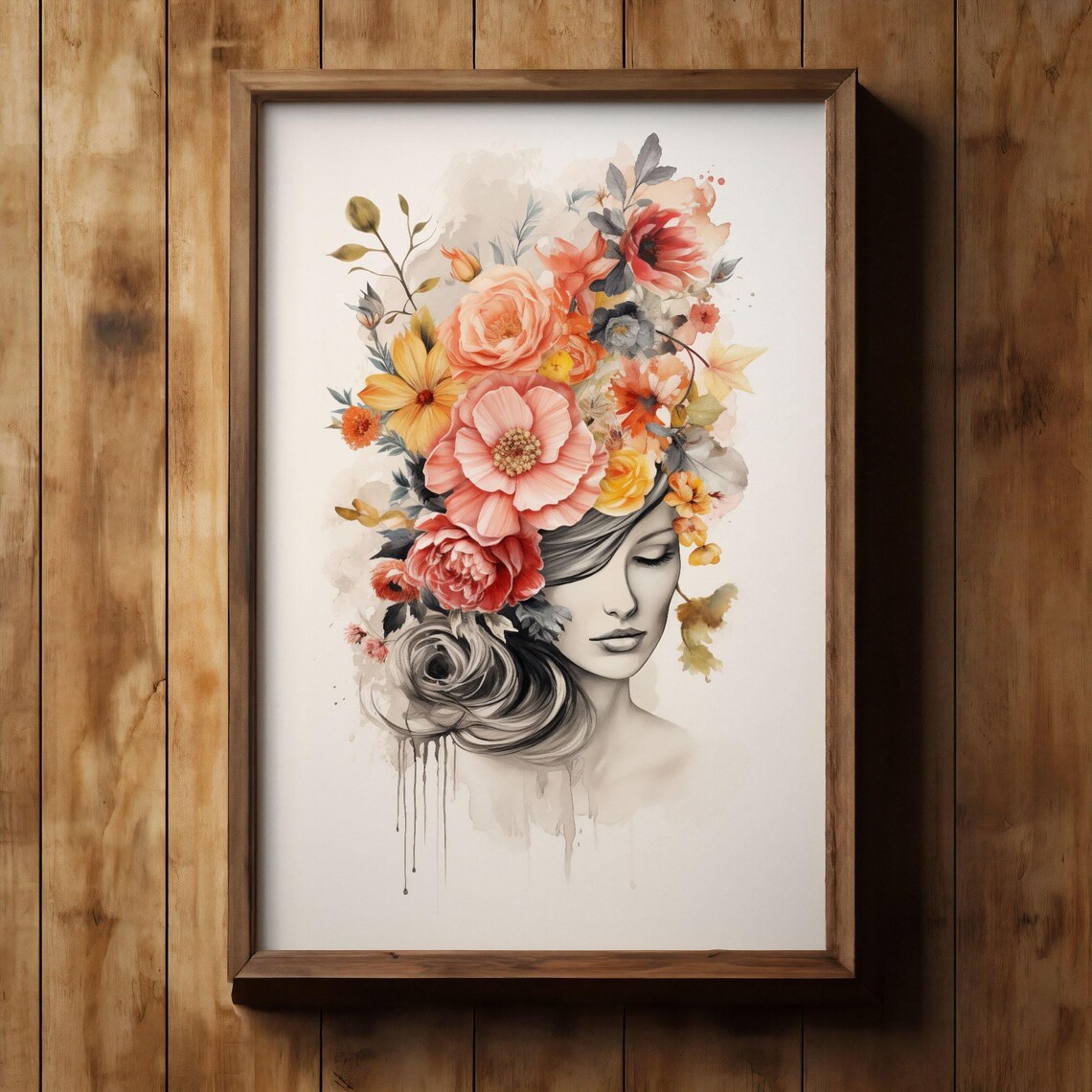 Dreamy Woman With Flowing Floral Hair Watercolor Portrait Poster
