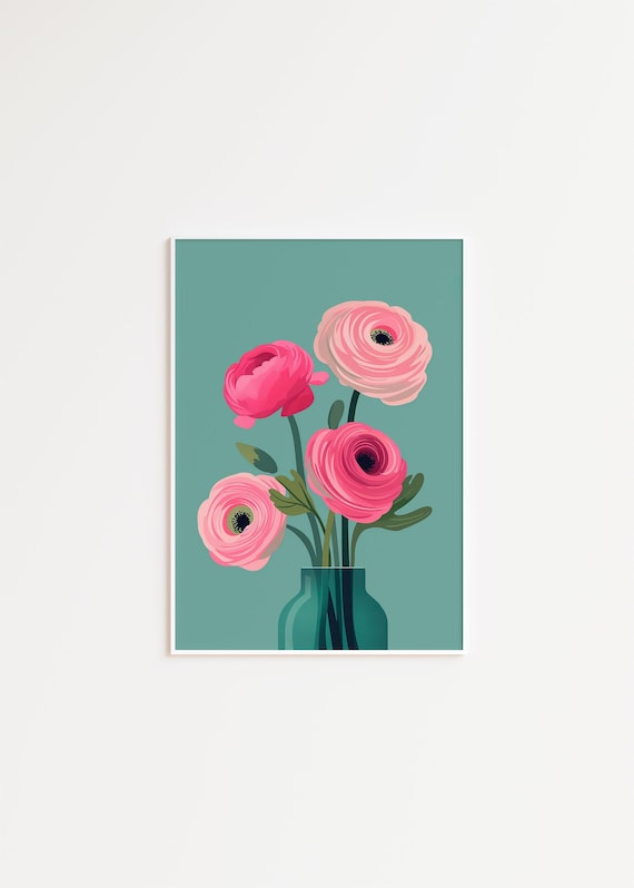 Pink Ranunculus Flower Wall Art Matisse Style Flower Art Vibrant Flower Bouquet Retro Floral Art Abstract Flower Art 193