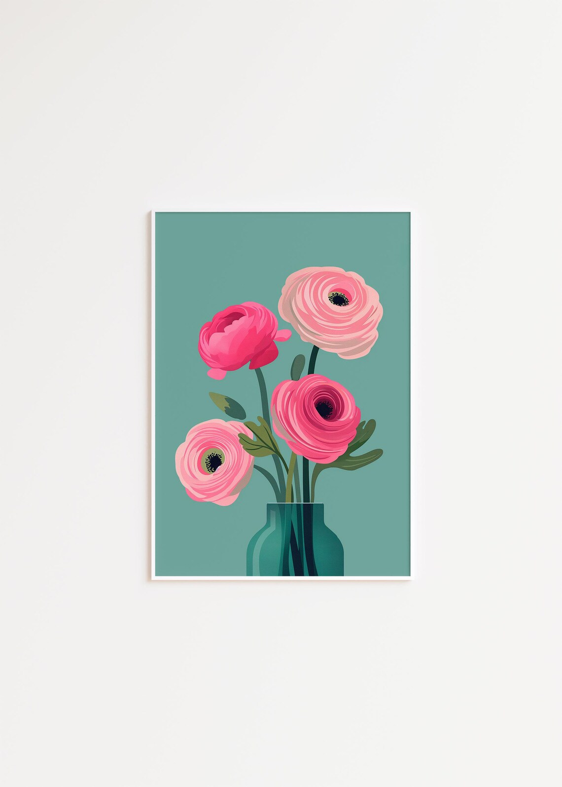 Pink Ranunculus Flowers in Teal Vase Modern Flat Graphic Art Poster