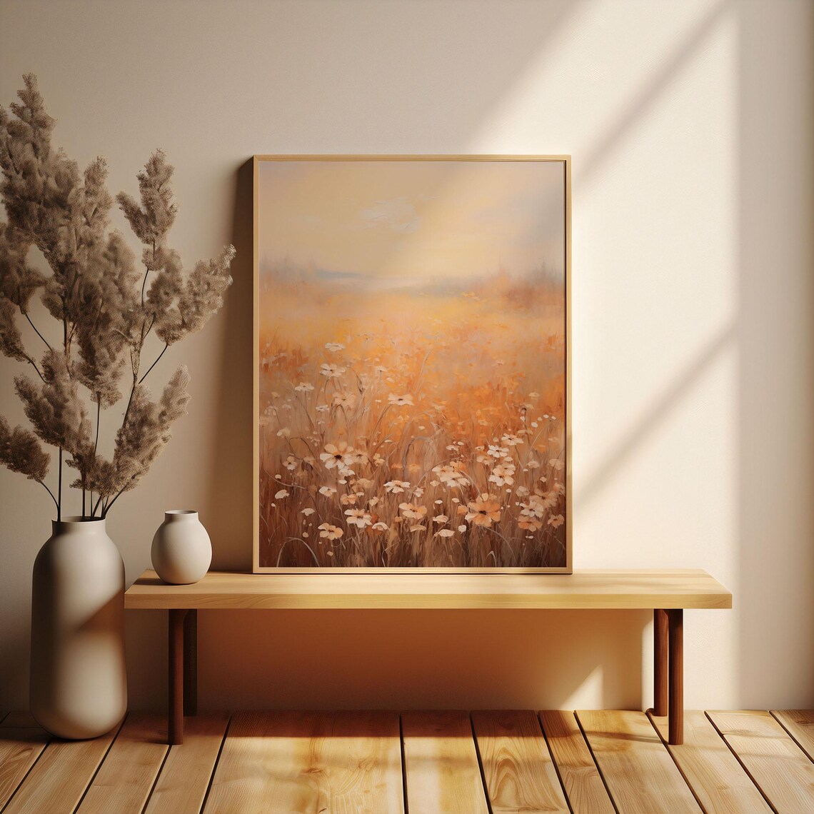 Hazy Amber Wildflower Meadow Oil Painting Warm Landscape Wall Art