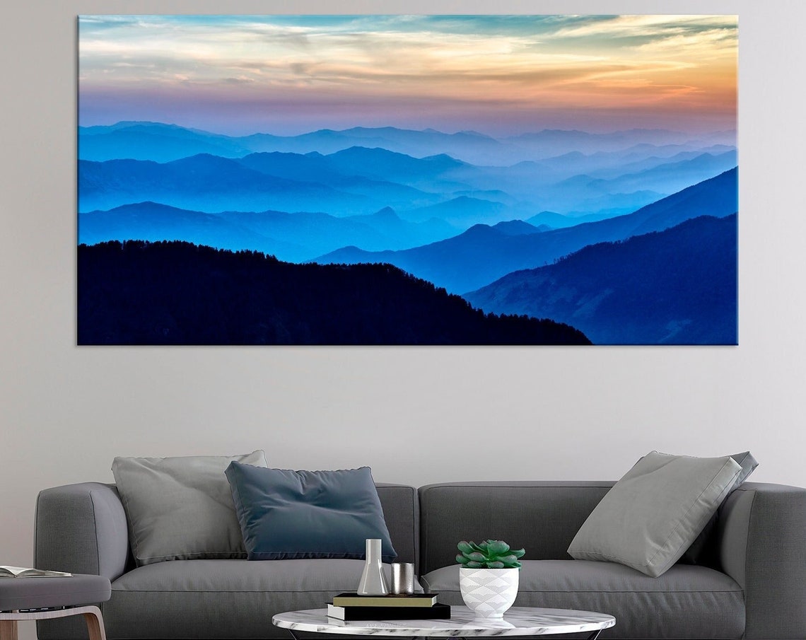Blue Mountain Layers Sunset Misty Peaks Silhouette Landscape Poster