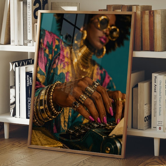 Afro Woman Gold Jewelry Typewriter Afrocentric Bold Art Poster