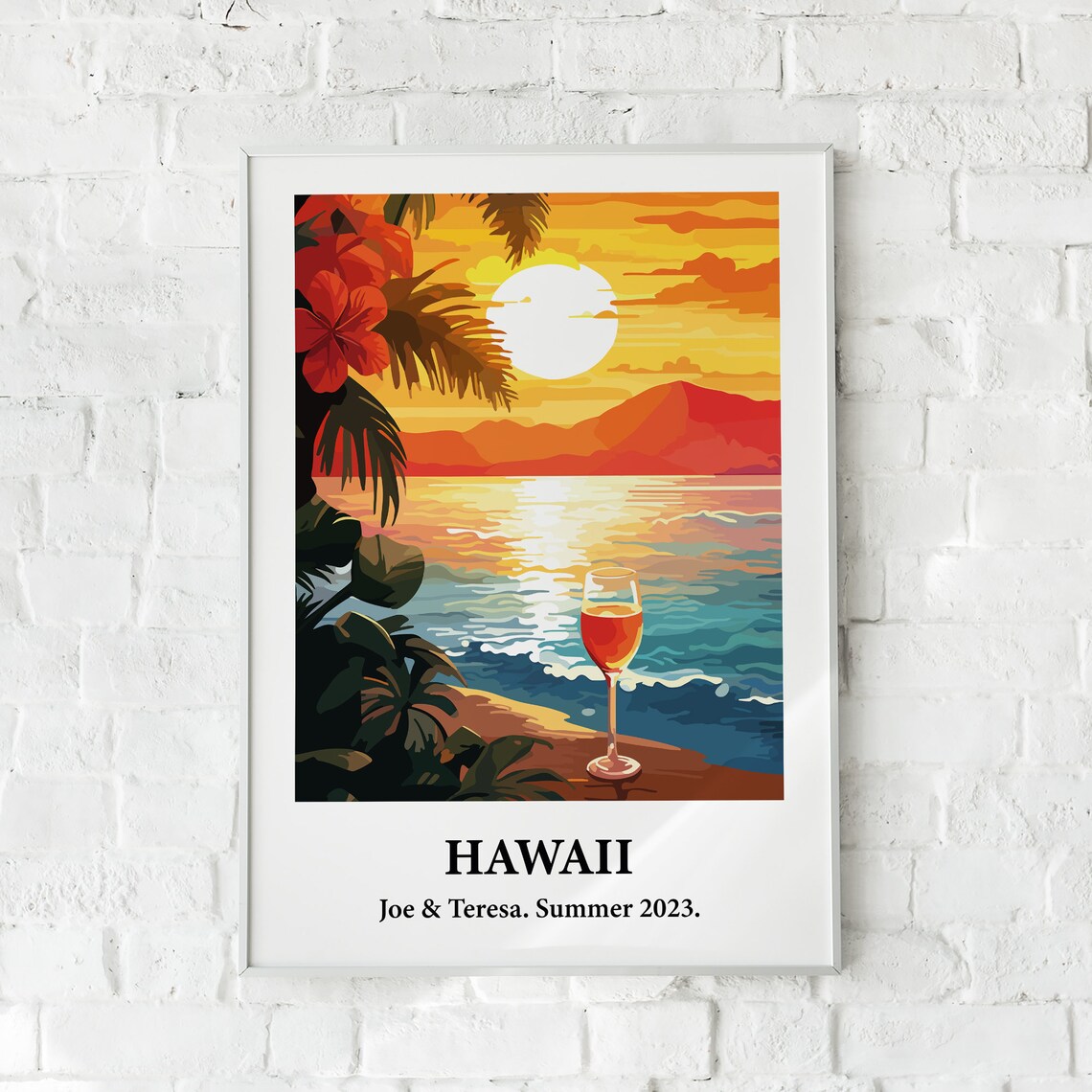 Hawaii Sunset Beach Wine Glass Vintage Style Travel Art Poster