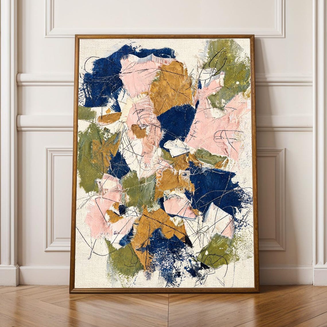 Abstract Patchwork Collage Artwork Poster Modern Mixed Media Navy Blue And Blush Pink