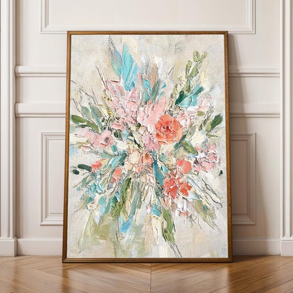 Floral Bouquet Abstract Poster Modern Textured Impasto Teal Blue And Blush Pink