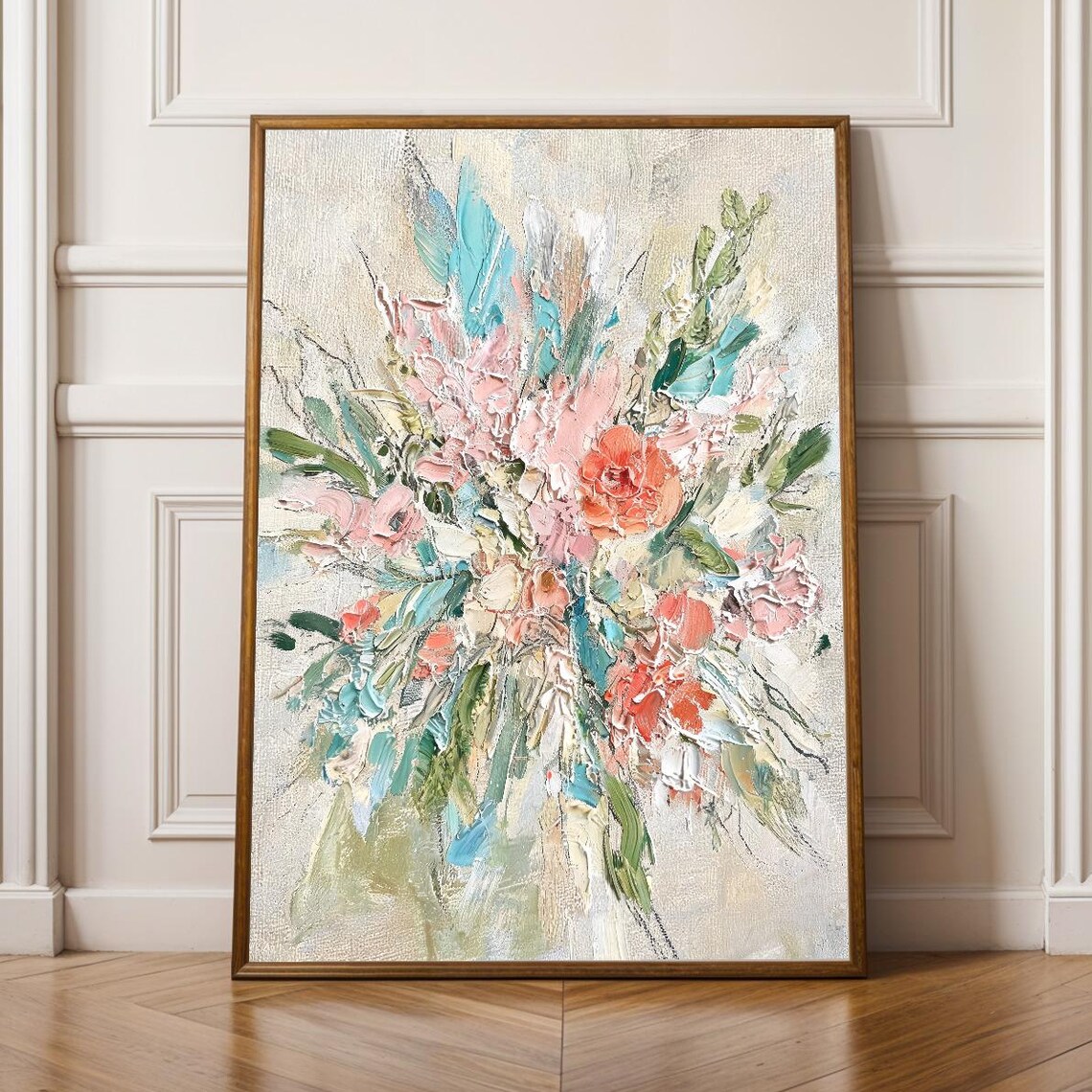Floral Bouquet Impasto Poster in Soft Teal Coral and Blush Tones