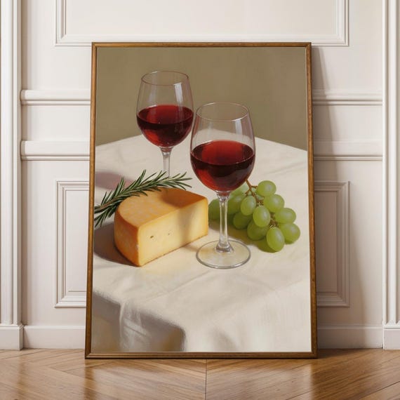 Wine And Cheese Still Life Poster Modern Deep Red Green