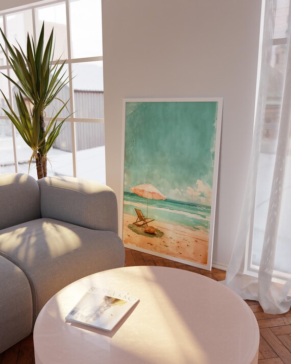 Watercolor Beach With Pink Umbrella and Deck Chair Summer Poster