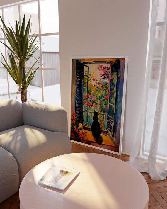 Black Cat At Open Window Overlooking Blooming Garden Art Poster