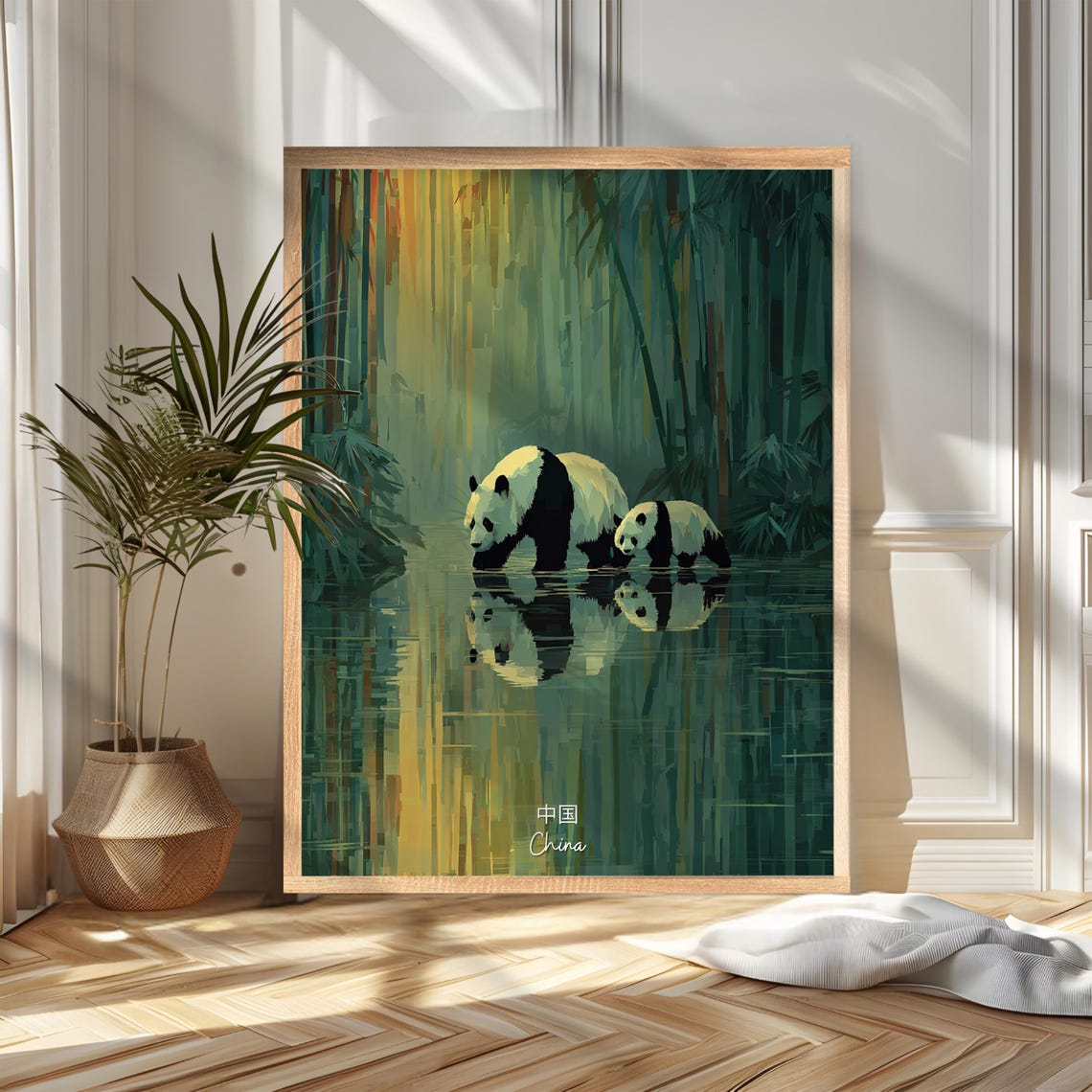 China Giant Pandas Bamboo Forest River Wildlife Illustration Poster
