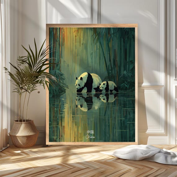 China Giant Pandas Bamboo Forest River Wildlife Illustration Poster
