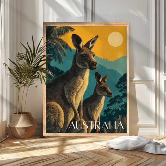 Australia Travel Poster Print Wildlife Wall Art Kangaroo Wanderlust Home And Office Decor Gift For Travelers