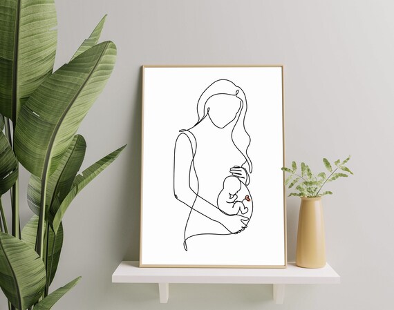 Pregnant Woman Baby in Belly Line Art Expectant Mother Heart Print