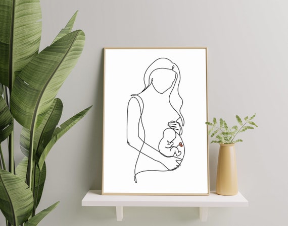 Pregnant Woman Baby Line Art Minimalist Pregnancy Expectant Mom Drawing Mother Wall