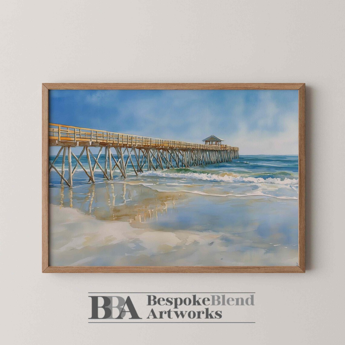 Wooden Pier Over Blue Ocean Watercolor Beach Scene Art Poster