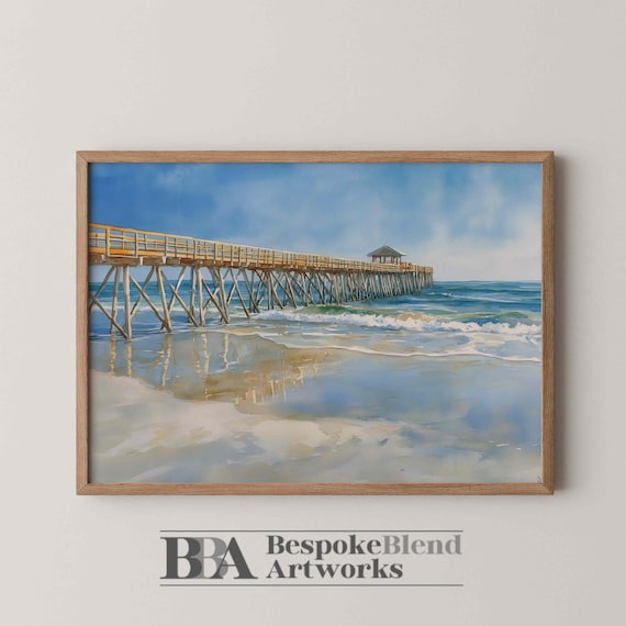 Wooden Pier Over Blue Ocean Watercolor Beach Scene Art Poster