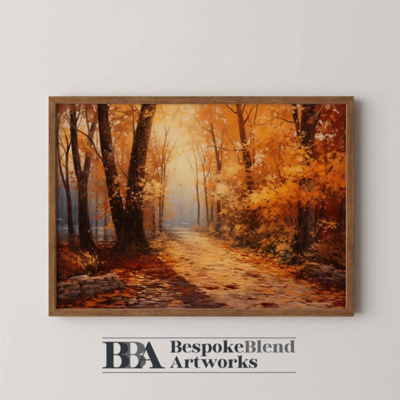 Autumn Forest Path Wall Art Warm Fall Trees Oil Painting For Cozy Rustic Decor Or Seasonal Entryway Styling