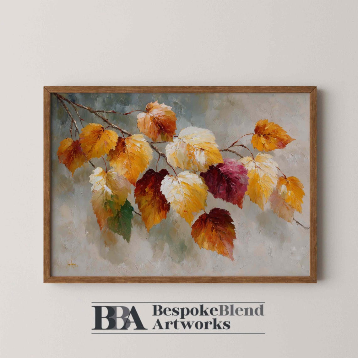 Autumn Branch Falling Leaves Warm Orange Fall Foliage Oil Print