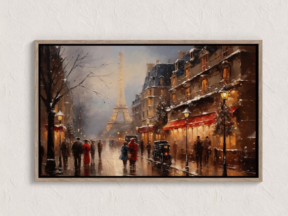 Snowy Paris Street Eiffel Tower Vintage Winter Evening Painting Poster