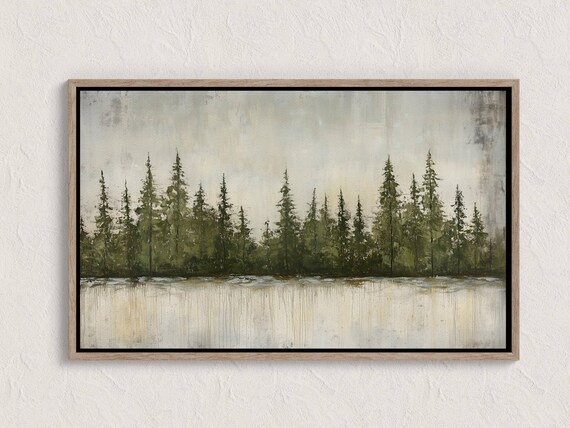 Misty Pine Forest Lakeshore Minimalist Muted Green Art Print