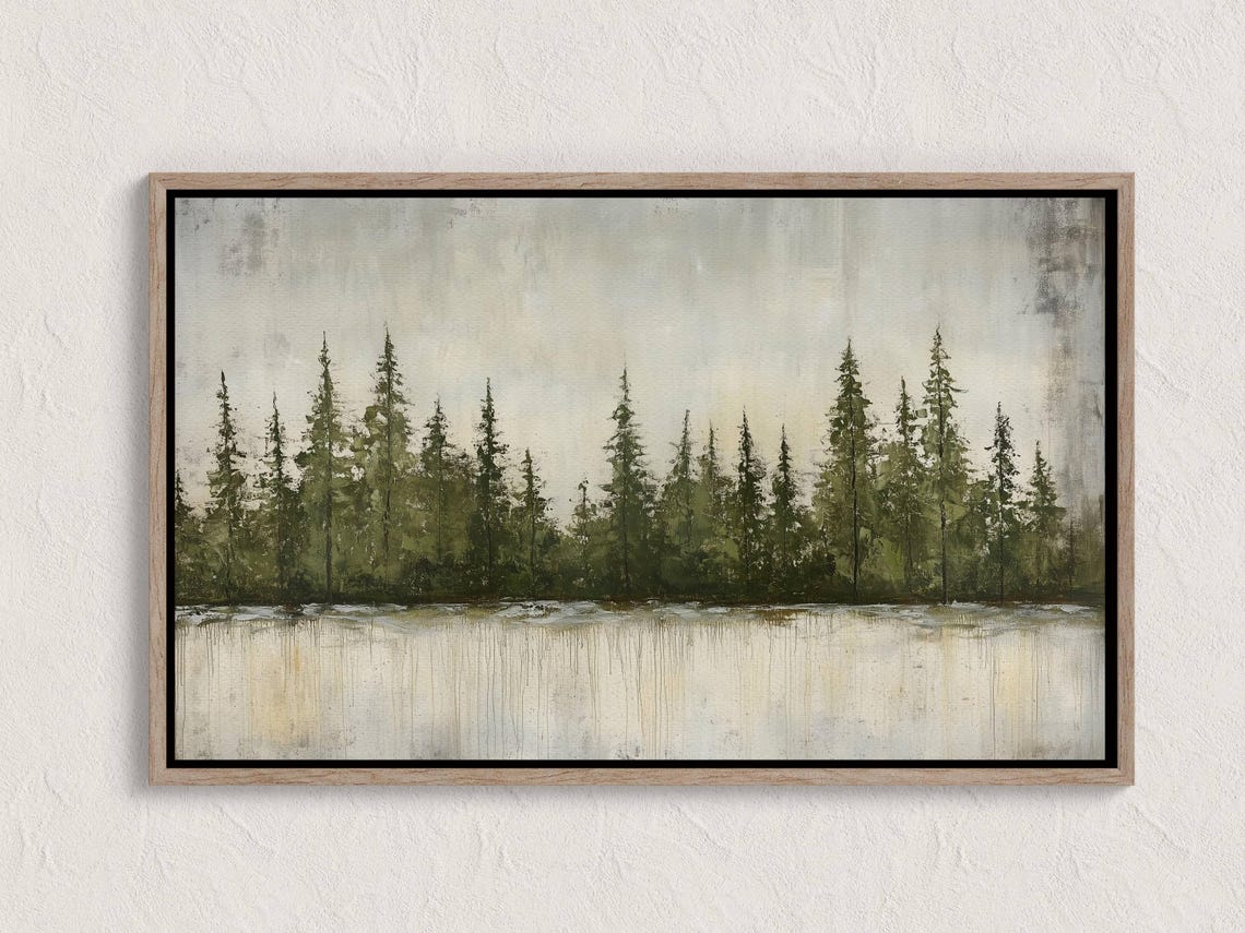 Misty Pine Forest Lakeshore Minimalist Muted Green Art Print
