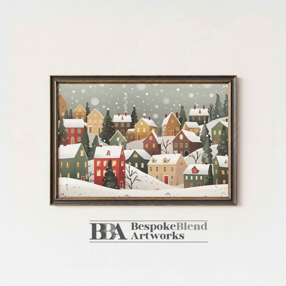 Snowy Christmas Village Illustration Cozy Winter Houses Poster