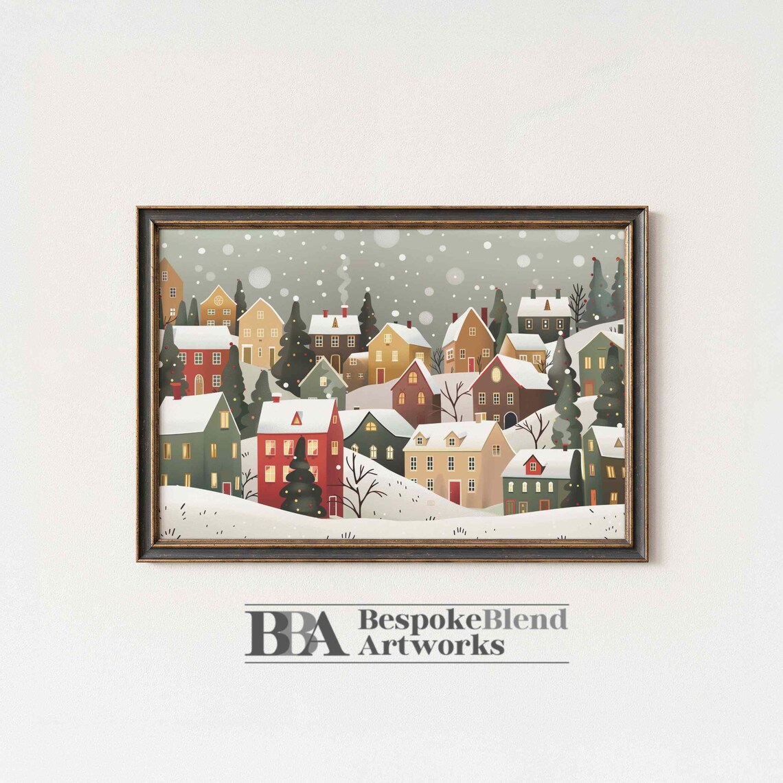 Snowy Christmas Village Illustration Cozy Winter Houses Poster