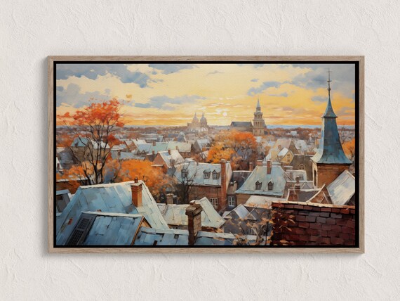 Fall Abstract Cityscape Painting Aerial View Of Town Architectural Oil Artwork Unique Rooftops Buildings Art Decor