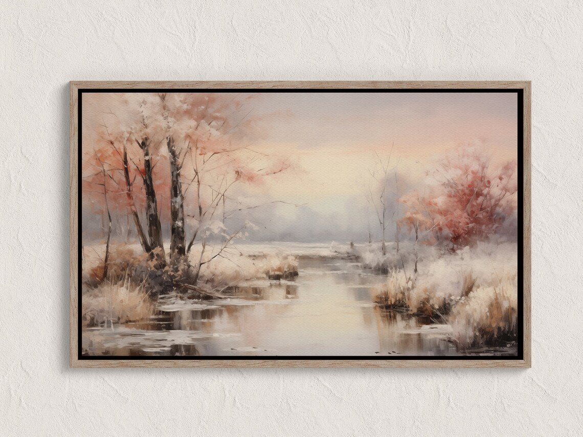 Winter Frost Stream Soft Pink Trees Pastel Landscape Painting Poster