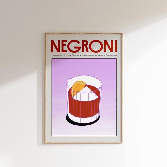 Negroni Classic Cocktail Recipe Retro Purple Bar Drink Art Poster