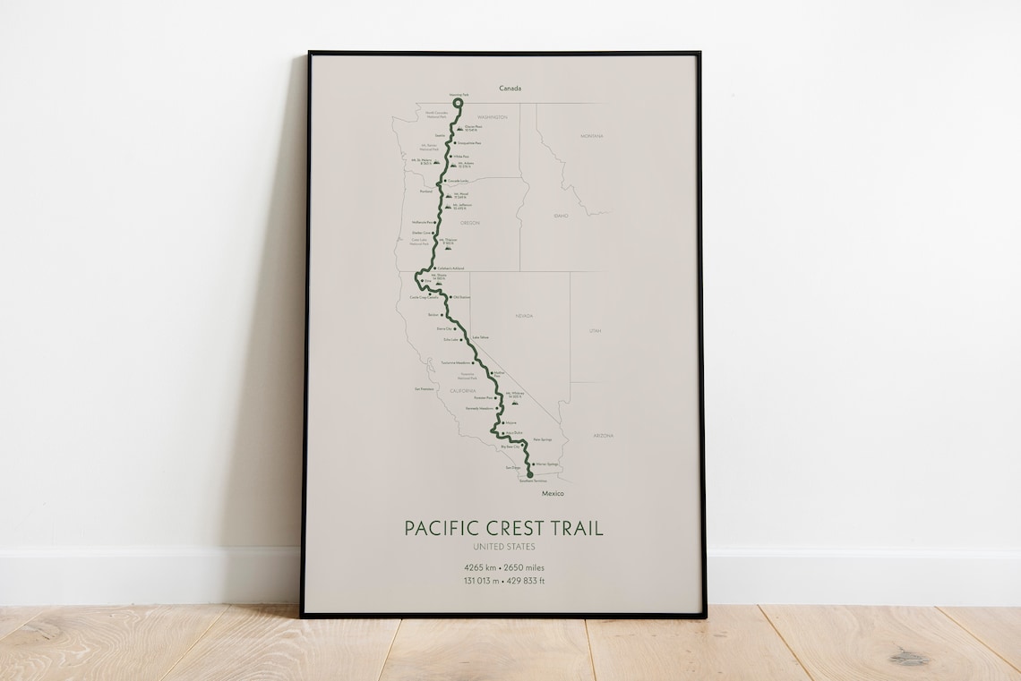 Pacific Crest Trail Poster, Mountain Map Art Print