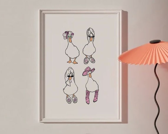 Ducks Towel Cowboy And Curlers It Girl Art Print White Pink Shower Bathroom Cute Trendy Physical Poster Wall