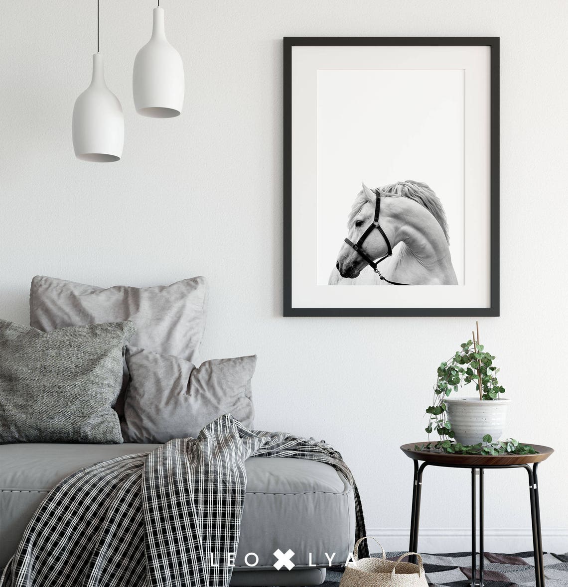 White Horse Black And White Minimalist Equine Photography Wall Art - Image 2