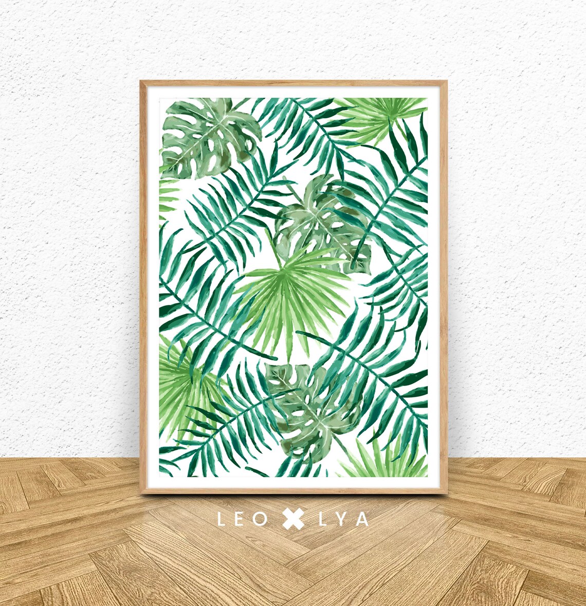 Green Tropical Leaves Watercolor Monstera Palm Pattern Wall Art