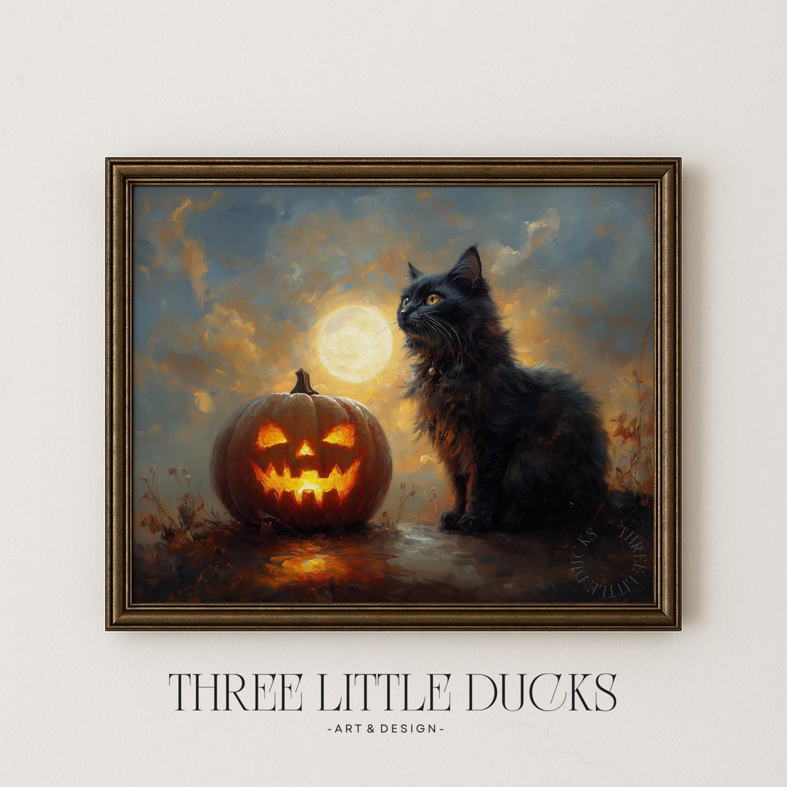 Black Cat And Pumpkin Under Full Moon Halloween Wall Art Spooky 521