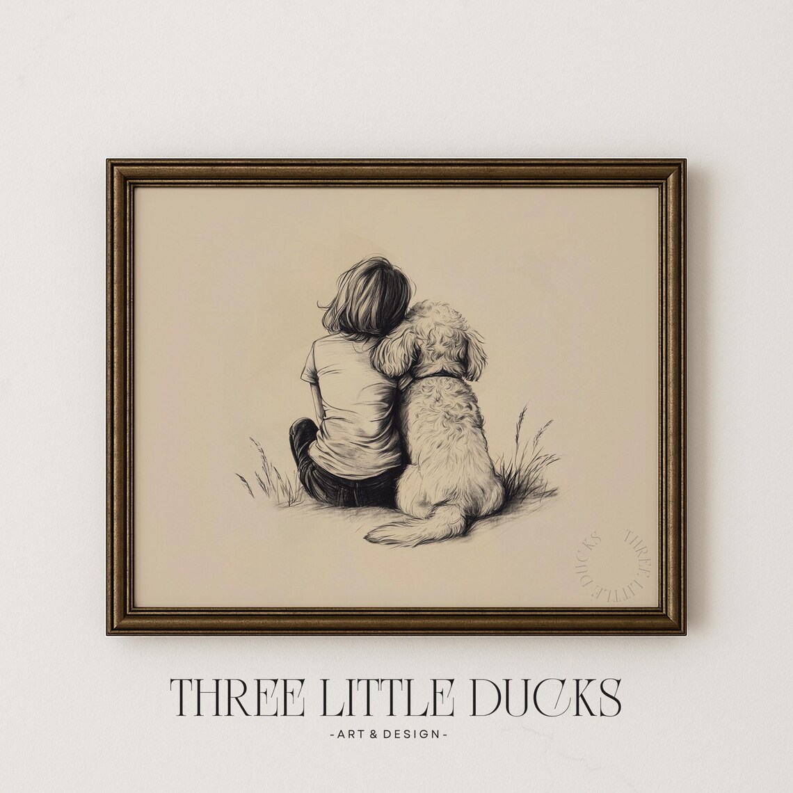 Girl With Curly Coated Pup Pencil Sketch Nursery Animal Wall Art