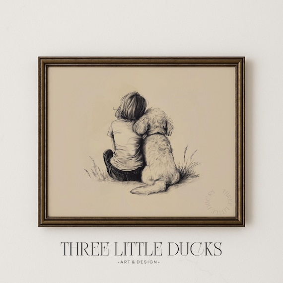 Girl With Goldendoodle Art Dog Illustration Baby Nursery Retro Poster Sketch Puppy Girls Room Vintage Drawing 459