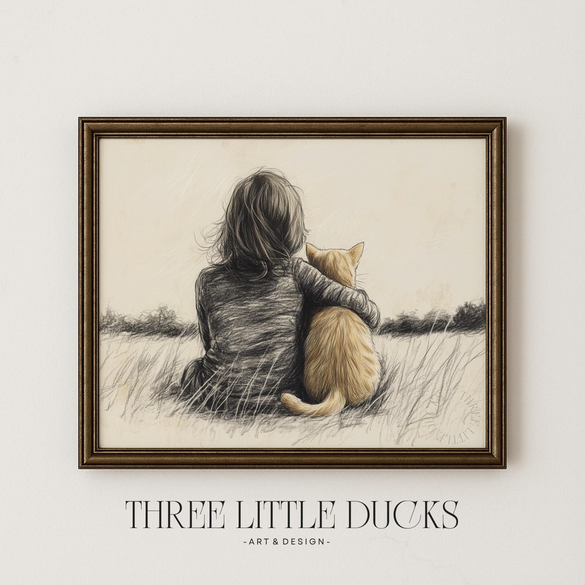 Girl Hugging Ginger Cat in Field Vintage Minimalist Sketch Wall Art