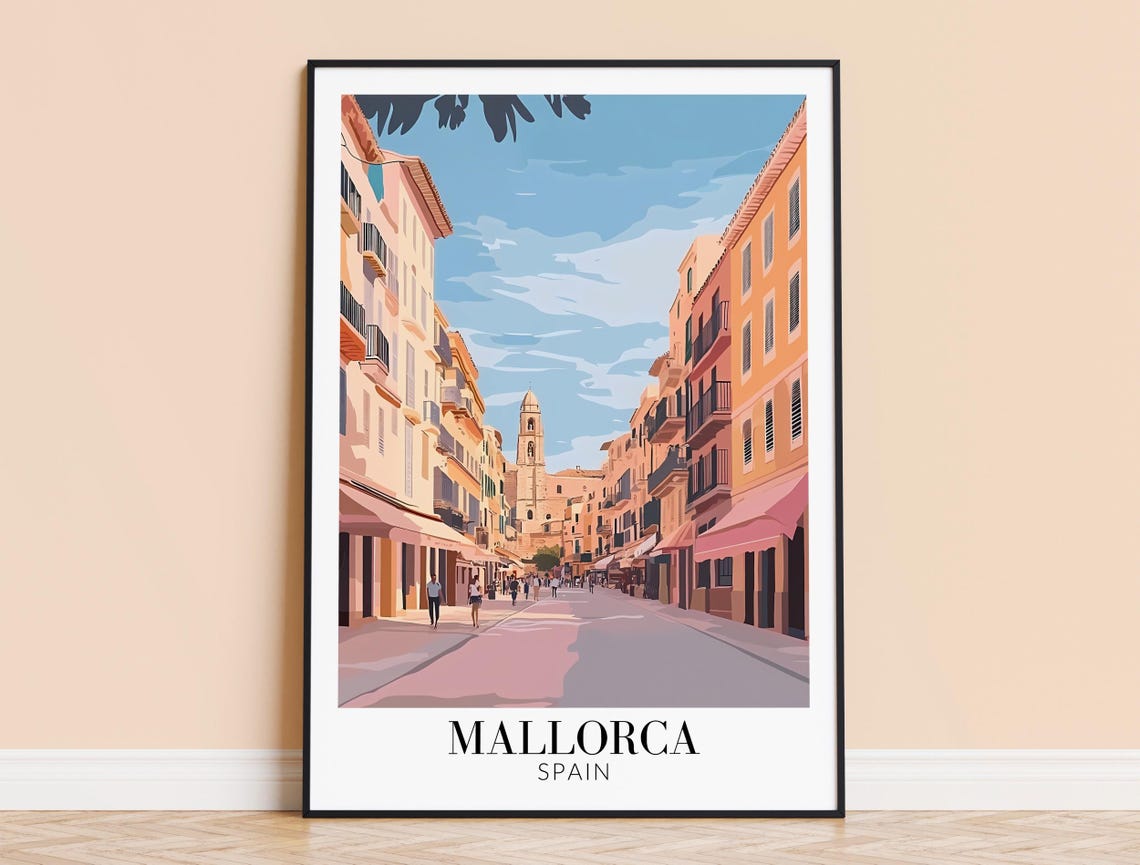 Mallorca Spain Sunny Shopping Street Poster With Bell Tower View