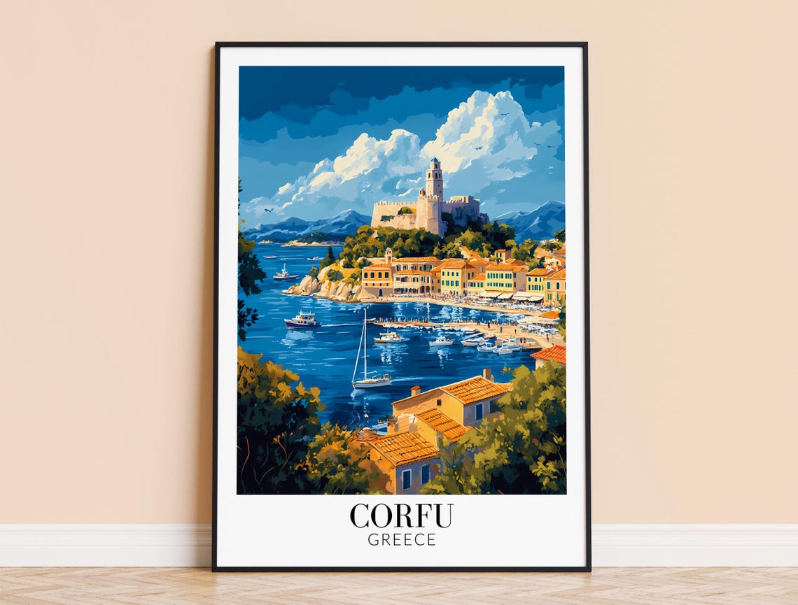 Corfu Greece Harbor Town Castle Boats Bright Blue Day Travel Poster