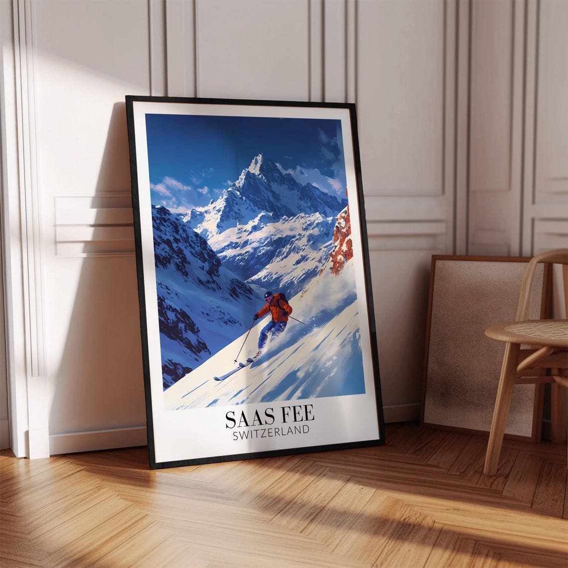 Saas Fee Switzerland Powder Skier Under Deep Blue Sky Poster - Image 4