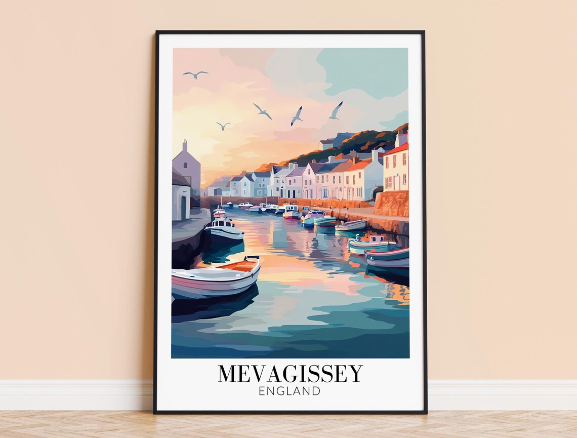 Mevagissey England Harbor Rowboats Pastel Cottages Dawn Poster