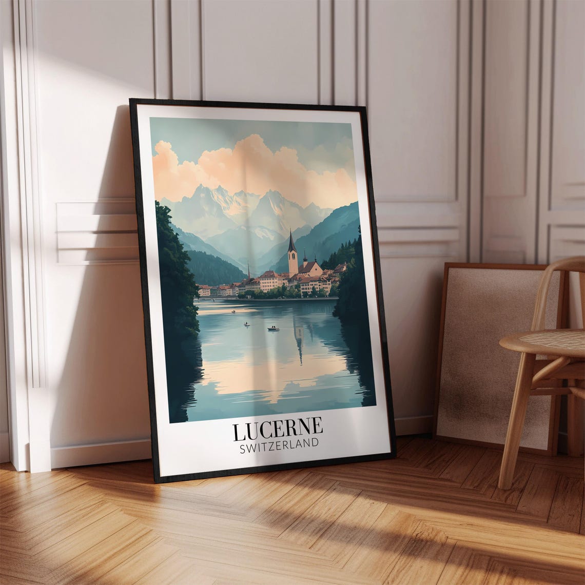 Lucerne Switzerland Lake Mountain Reflection Old Town Travel Poster - Image 2