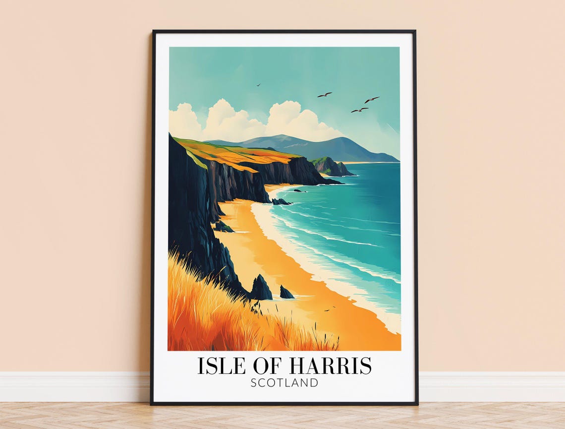 Isle Of Harris Scotland Retro Cliffside Beach Vintage Travel Poster