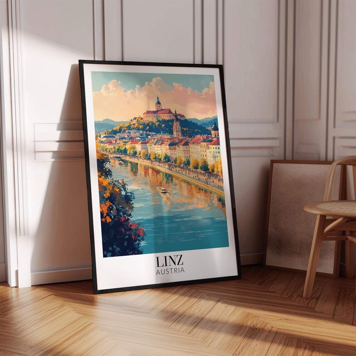 Linz Austria Danube Riverside Hilltop Church City Travel Poster - Image 2