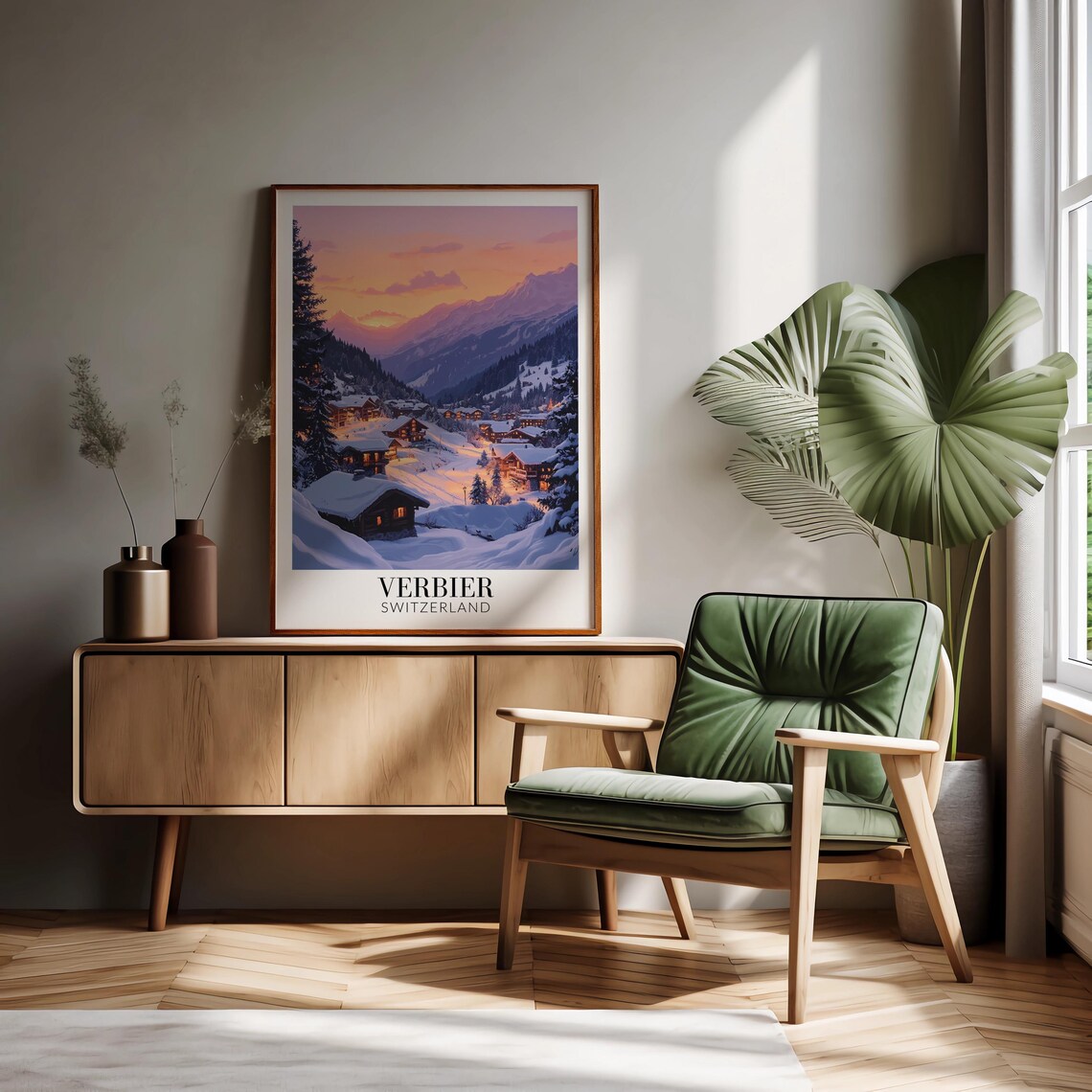 Verbier Switzerland Snowy Village Sunset Alpine Ski Travel Poster - Image 2