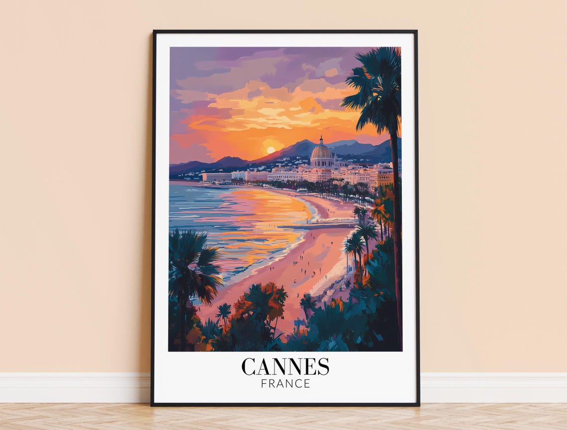 Cannes France Golden Sunset Beach Palm Silhouette Glow Poster